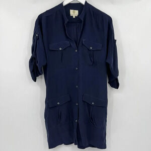Koch 100% Silk Mini Tunic Shirt Dress Navy Blue 3/4 Length Sleeves‎ Size Small